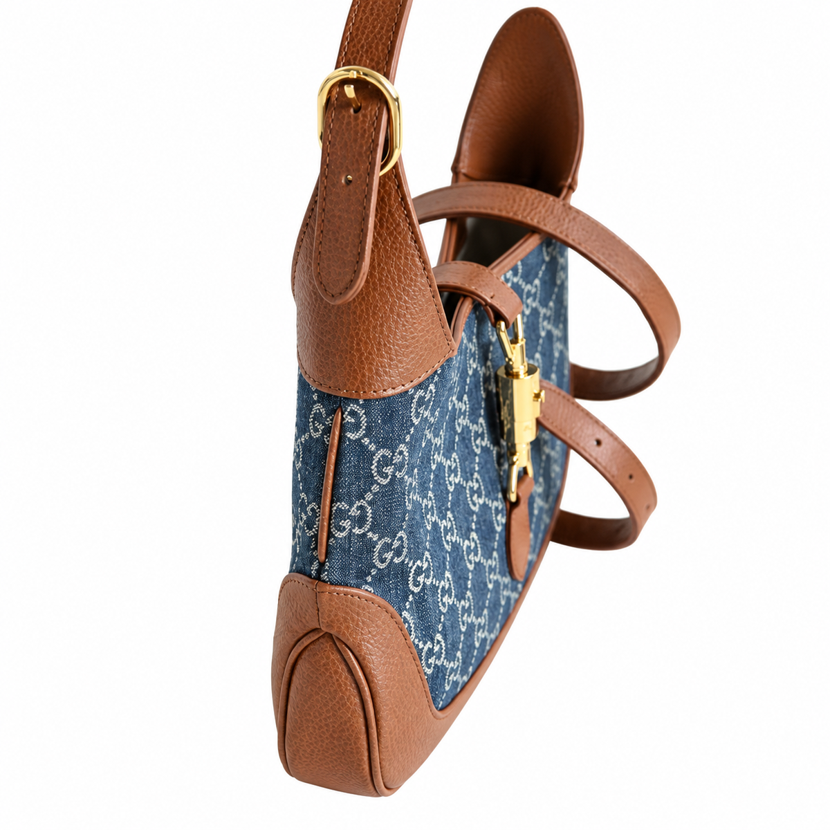 Gucci Jackie 1961 Small Hobo in Blue GG Denim Canvas with Cognac Trim