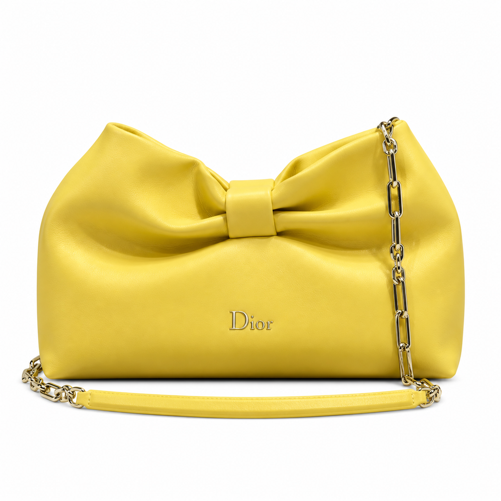 Dior Bow Clutch in Lemon Yellow Satin Leather with Gold Zip Closure