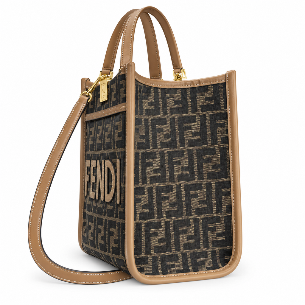 Fendi Sunshine Small Tote – FF Jacquard & Blush Calfskin Top Handle Bag
