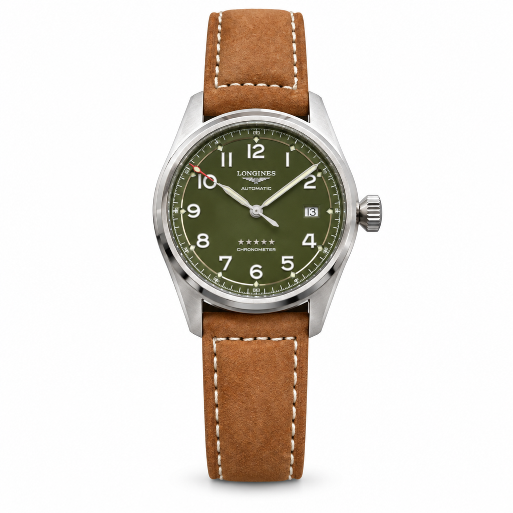 Longines Spirit Automatic Chronometer olive green dial tan leather strap
