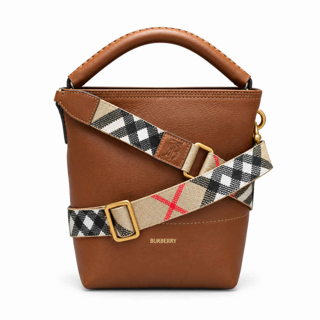 Burberry Leather Bucket Bag with Check Strap