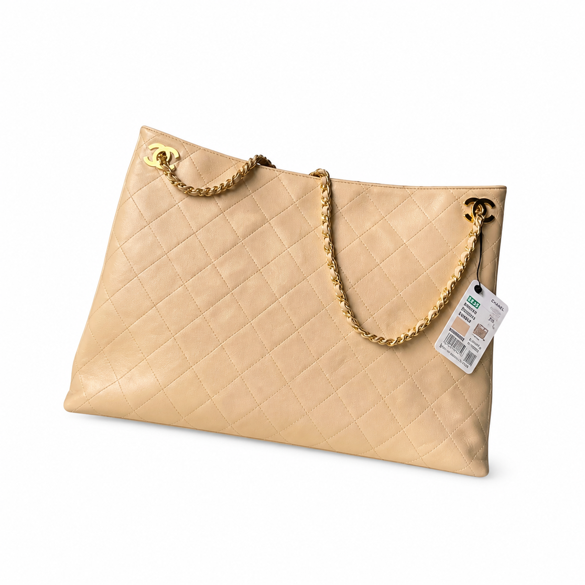 Chanel CC Diagonal Quilted Lambskin Tote | Beige & Gold Chain — 40cm