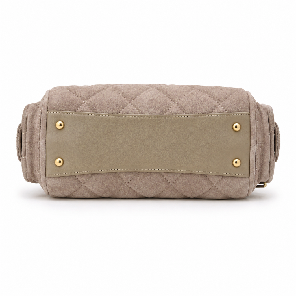 Chanel Quilted Taupe Suede Camera Bag with Antique Gold CC Logo