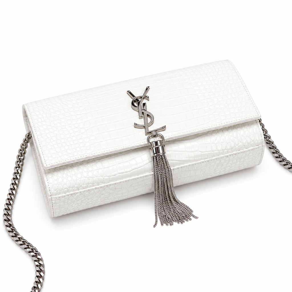 Saint Laurent YSL Kate Tassel Bag – White Croc Silver