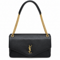 Saint Laurent YSL Calypso envelope flap chain shoulder bag in black grained calfskin leather with oversized gold YSL monogram single top handle and double gold curb chain