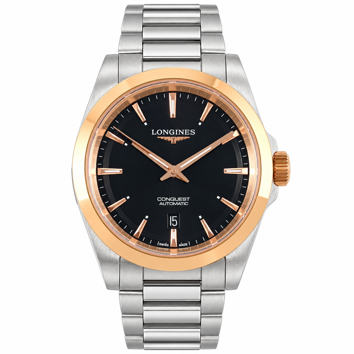 Longines Conquest Automatic Black Dial Rose Gold Bezel Two-Tone