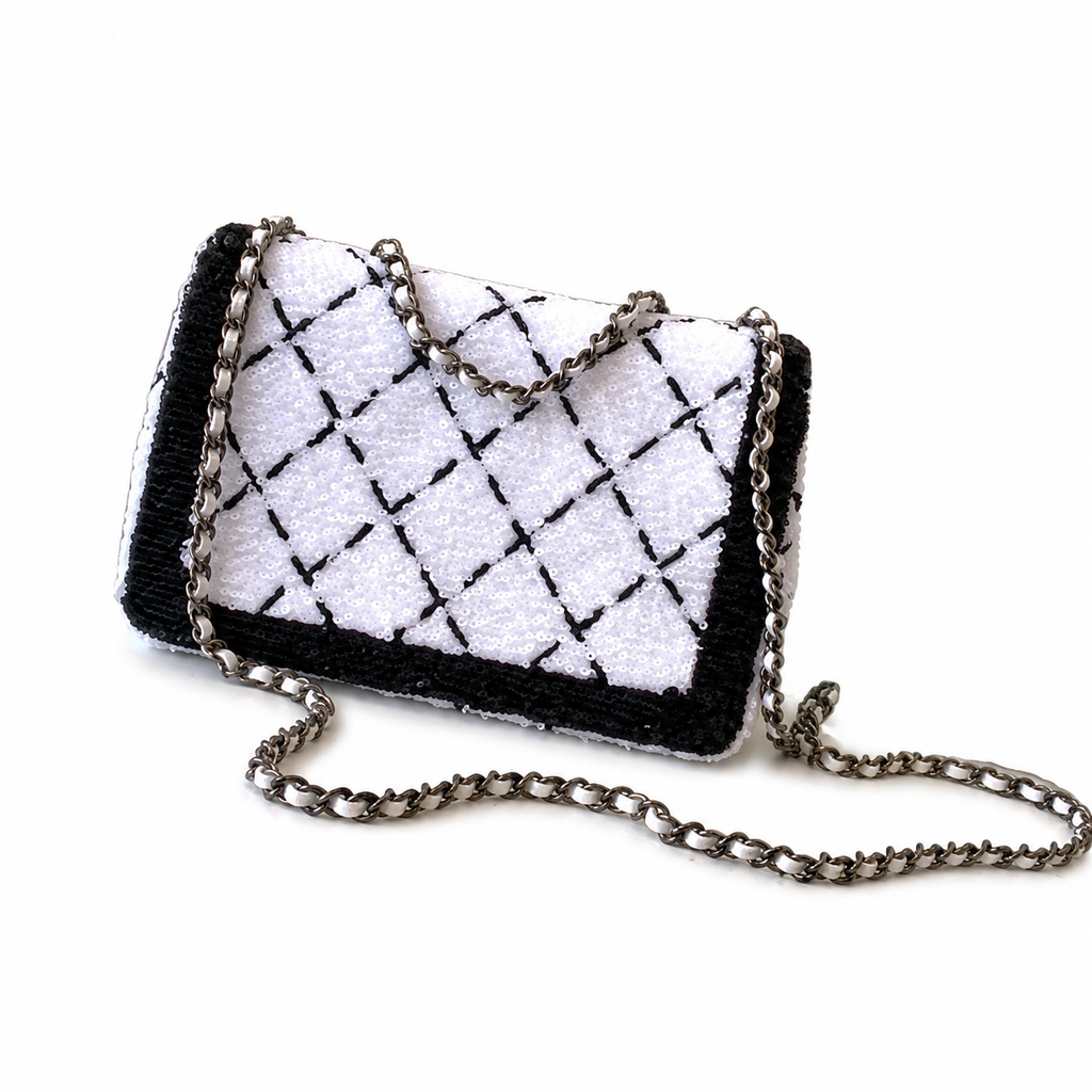 Chanel Quilted Black and White Sequin Evening Clutch with Silver Chain