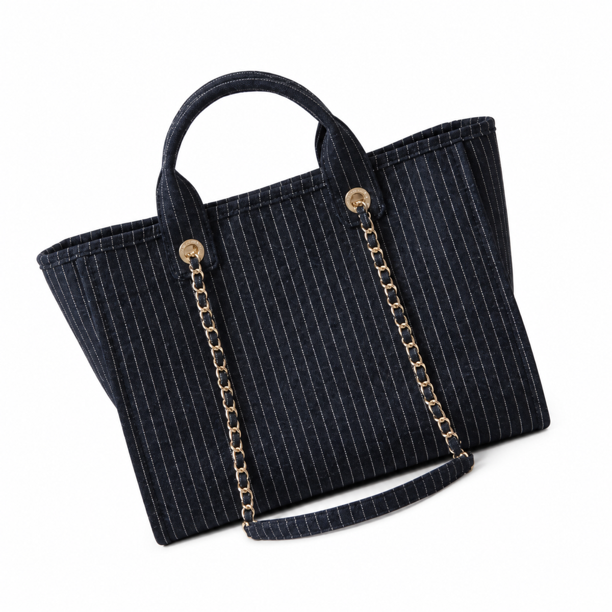 Chanel Black Pinstripe Chain Tote Bag