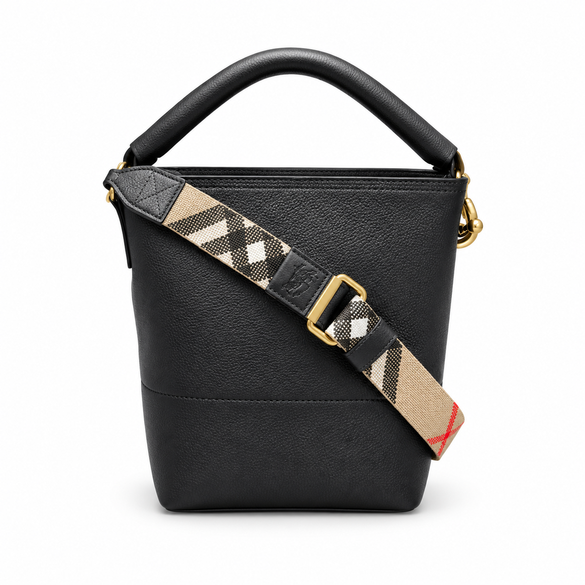 Burberry Black Leather Bucket Bag with Check Strap
