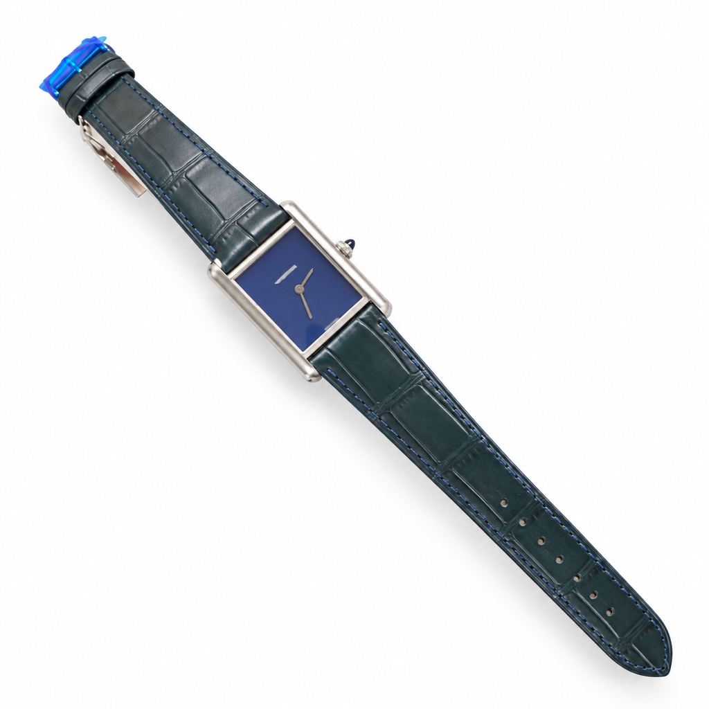 Cartier Tank Must Small Stainless Steel Blue Lacquer Dial Blue Alligator Strap Watch