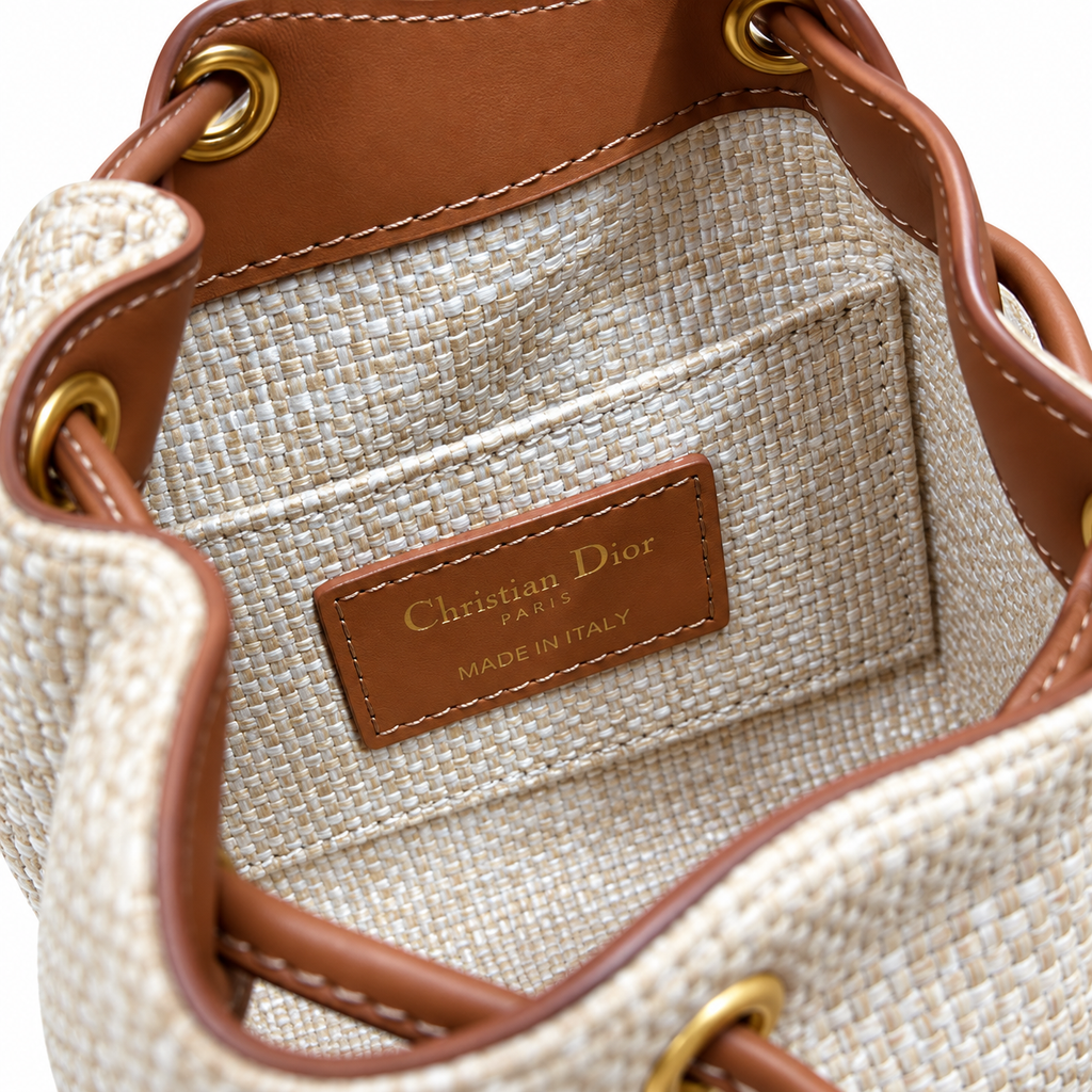 Dior Raffia Woven CD Logo Drawstring Bucket Bag