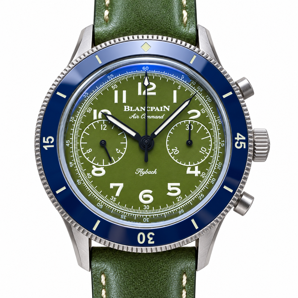Blancpain Air Command Green Dial Flyback Chronograph Blue Ceramic Bezel Watch