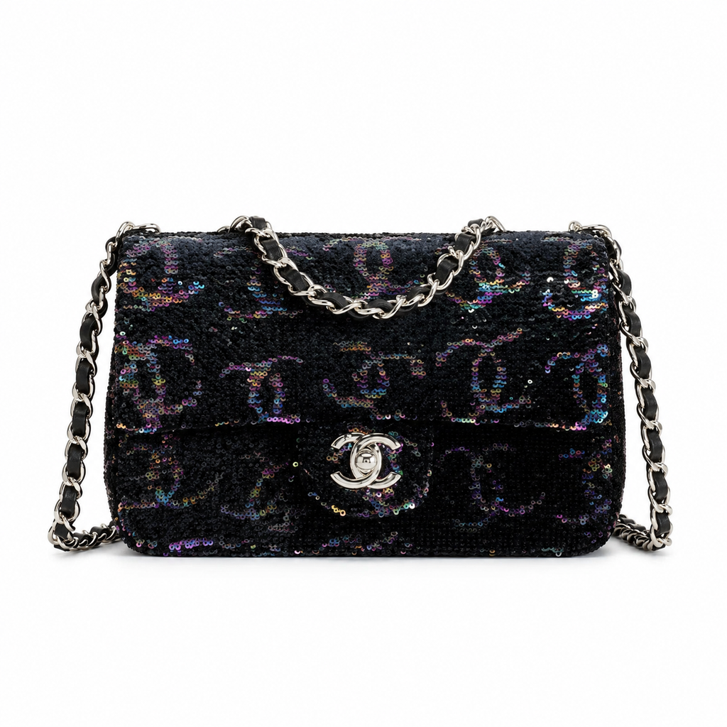 Chanel Classic Flap Bag in Black Holographic Sequin with Silver CC Lock