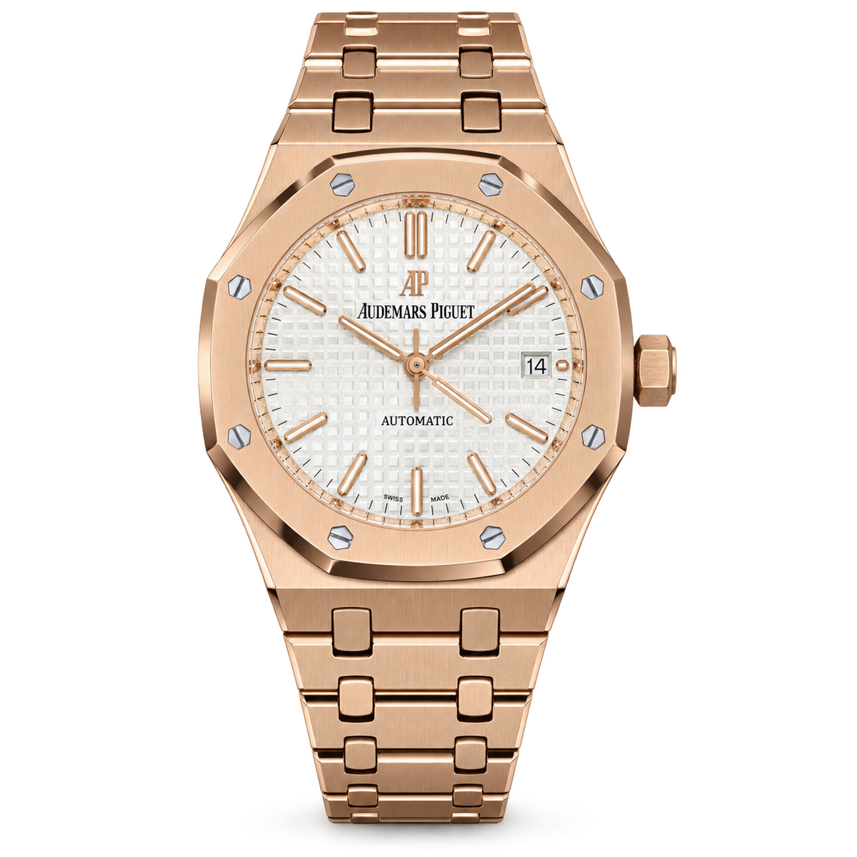 Audemars Piguet Royal Oak 18k Rose Gold White Grande Tapisserie Dial Integrated Rose Gold Bracelet Automatic