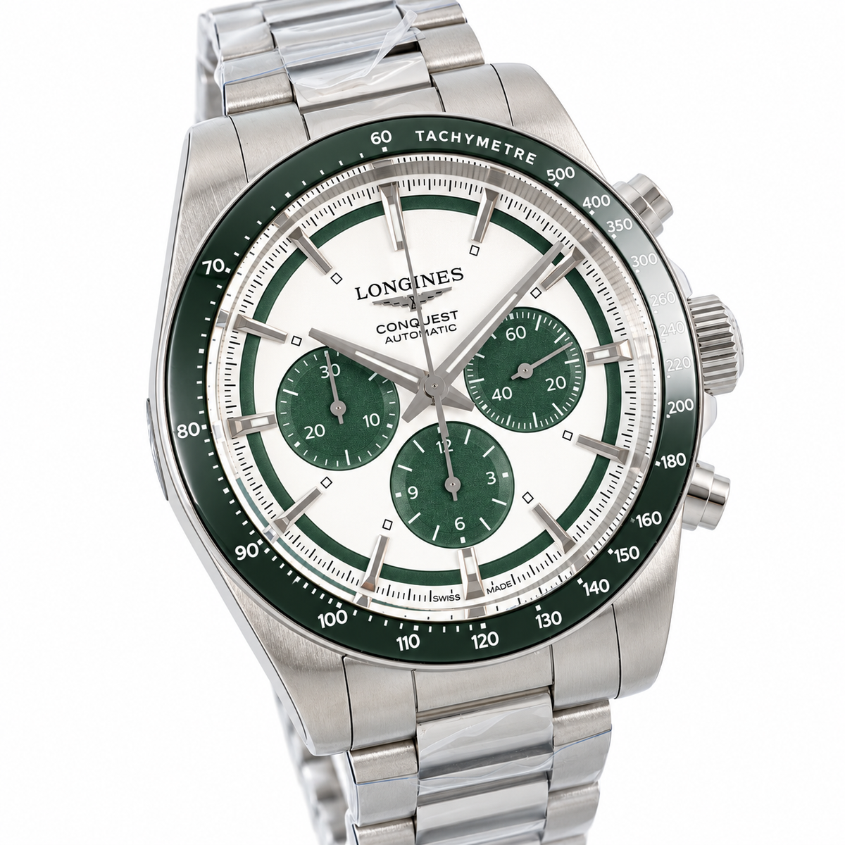 Longines Conquest Automatic Chronograph White Dial Green Bezel Steel Bracelet