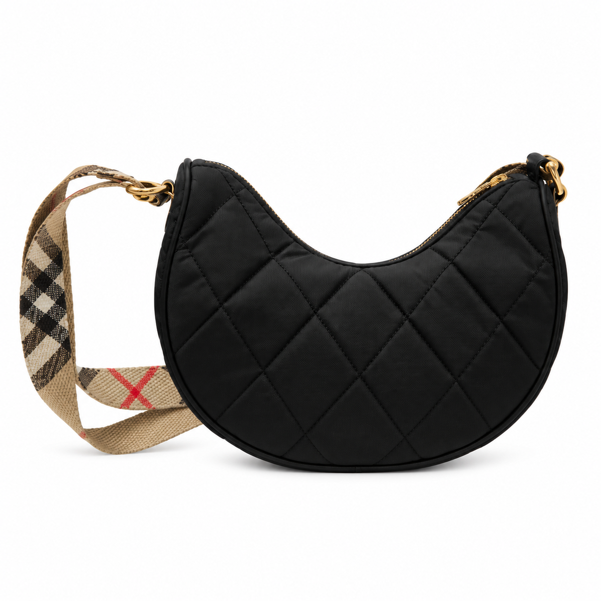 Burberry Quilted Crescent Bag with Check Strap