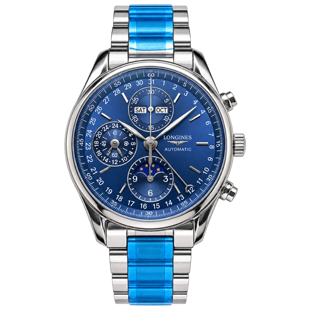 Longines Master Collection Moonphase Chronograph blue dial two-tone steel bracelet