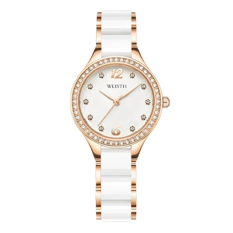 Anne Klein — Gold-Tone, Crystal Bezel, Pink MOP Dial & White Ceramic Bracelet, Women