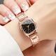 Women's Square Rose Gold Crystal CZ Bezel Black Starry Sky Glitter Dial Five-Link Rose Gold Steel Bracelet Ladies Quartz Watch